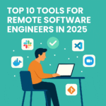 Flat-style digital illustration showing top productivity tools for remote software engineers in 2025, including laptops, coding apps, and collaboration icons.